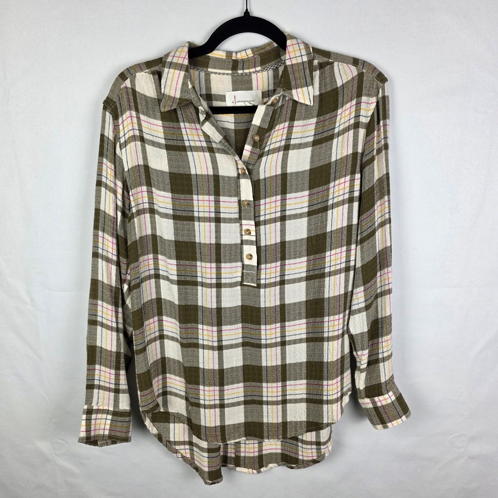 Anthropologie‎ Plaid Button Up Tunic Shirt Womens XS Green White Long Sleeve